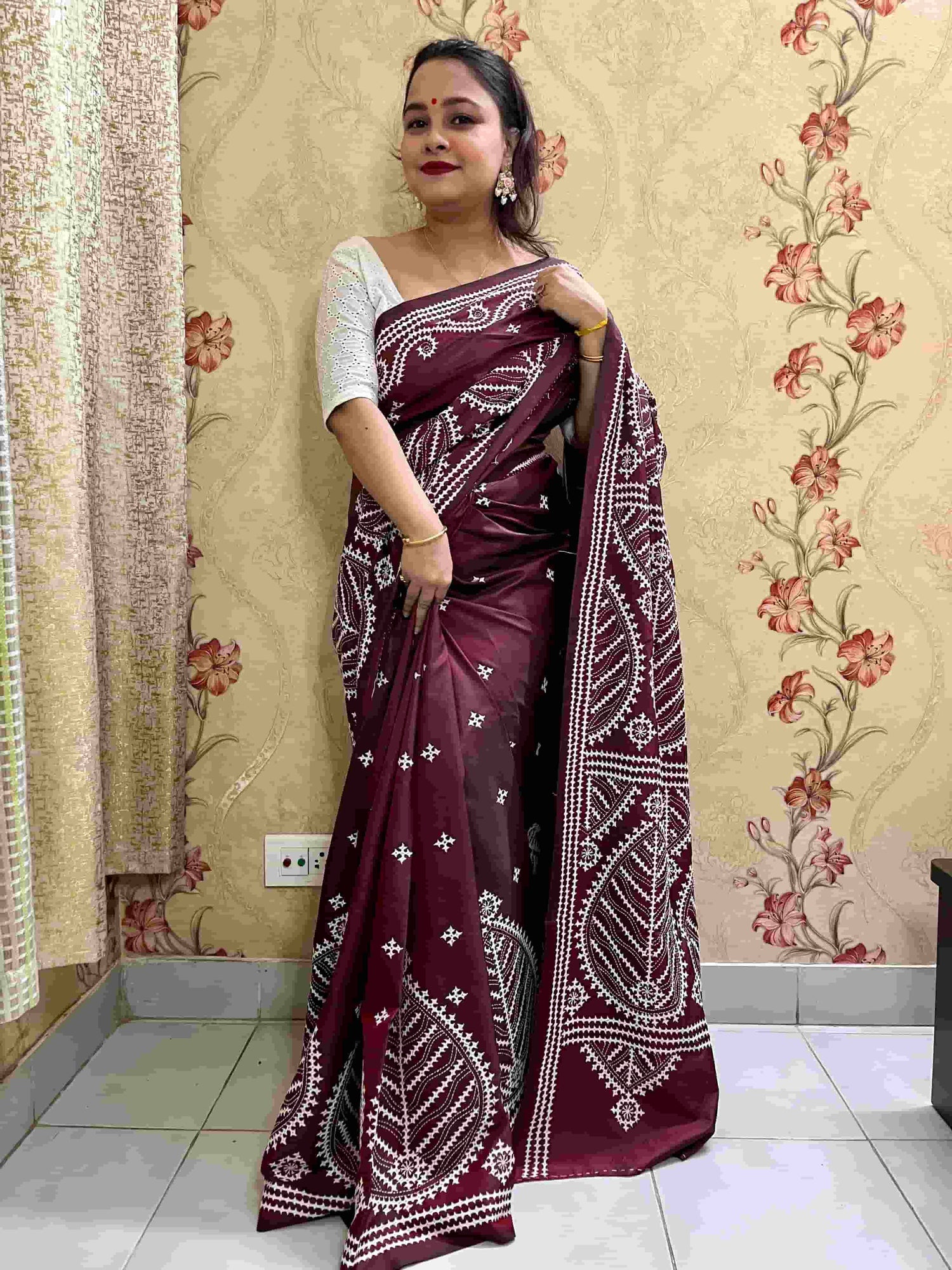 Gujarati Stitch Saree with handwoven embroidery in vibrant colors