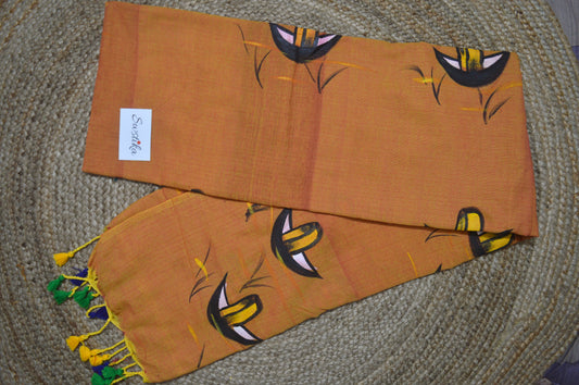 Hand Painted Nauko (Boat) design Mul-Cotton Saree (Yellowish Brown)