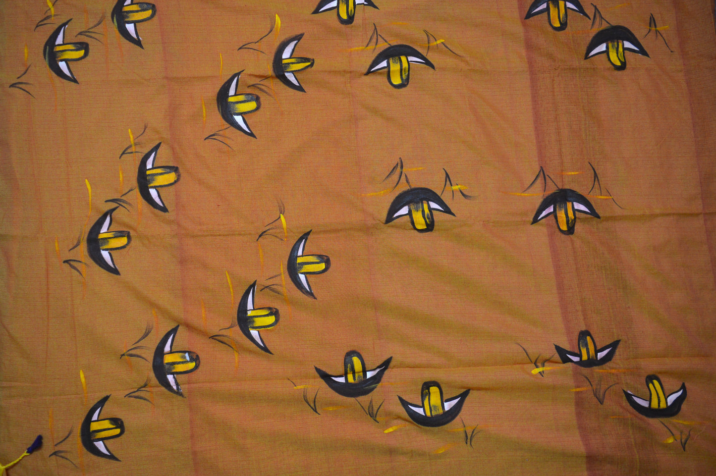 Hand Painted Nauko (Boat) design Mul-Cotton Saree (Yellowish Brown)