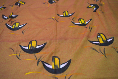 Hand Painted Nauko (Boat) design Mul-Cotton Saree (Yellowish Brown)