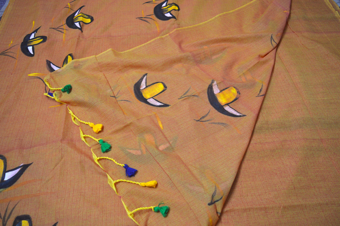 Hand Painted Nauko (Boat) design Mul-Cotton Saree (Yellowish Brown)