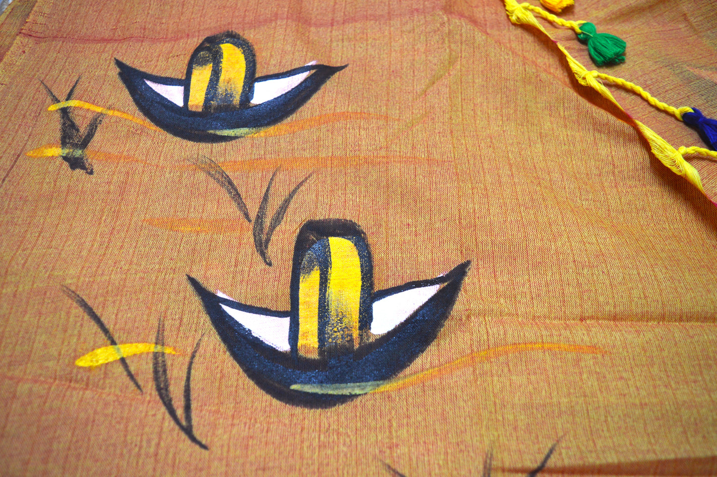 Hand Painted Nauko (Boat) design Mul-Cotton Saree (Yellowish Brown)