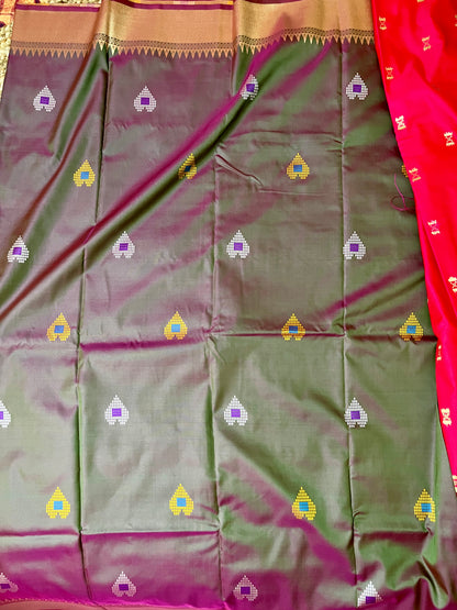 Semi Katan Kalakshetra Silk Saree Deer Design (Bottle Green)