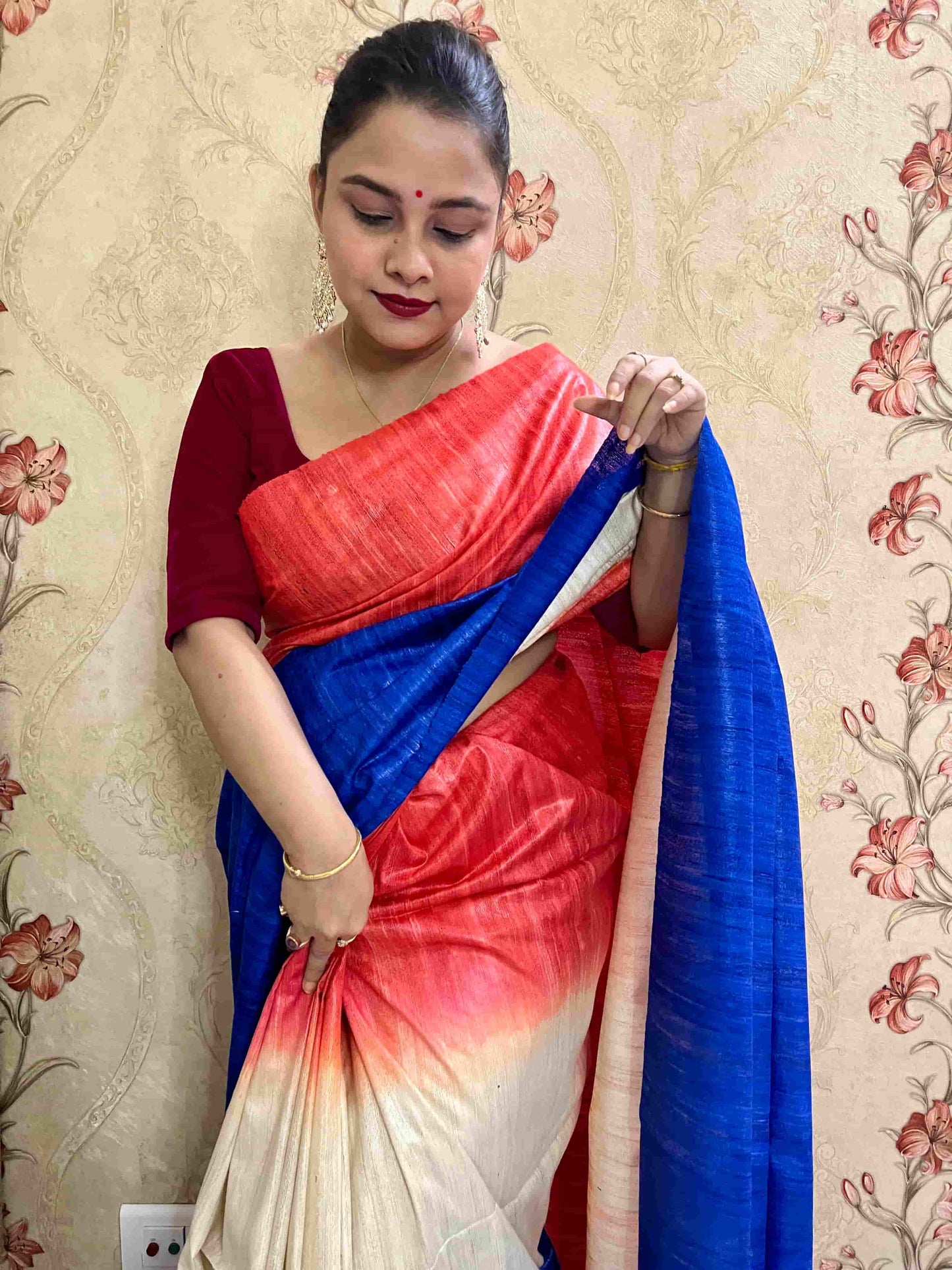 Red & Royal Blue Ghicha Silk Saree – Traditional Handwoven Elegance