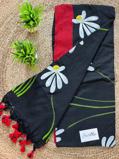 Hand Painted Mul-Cotton Saree (Black)