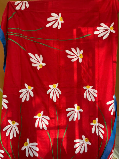 Hand Painted Mul-Cotton Saree (Red)