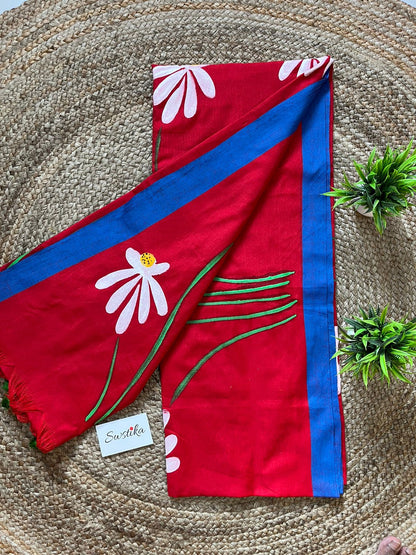 Hand Painted Mul-Cotton Saree (Red)