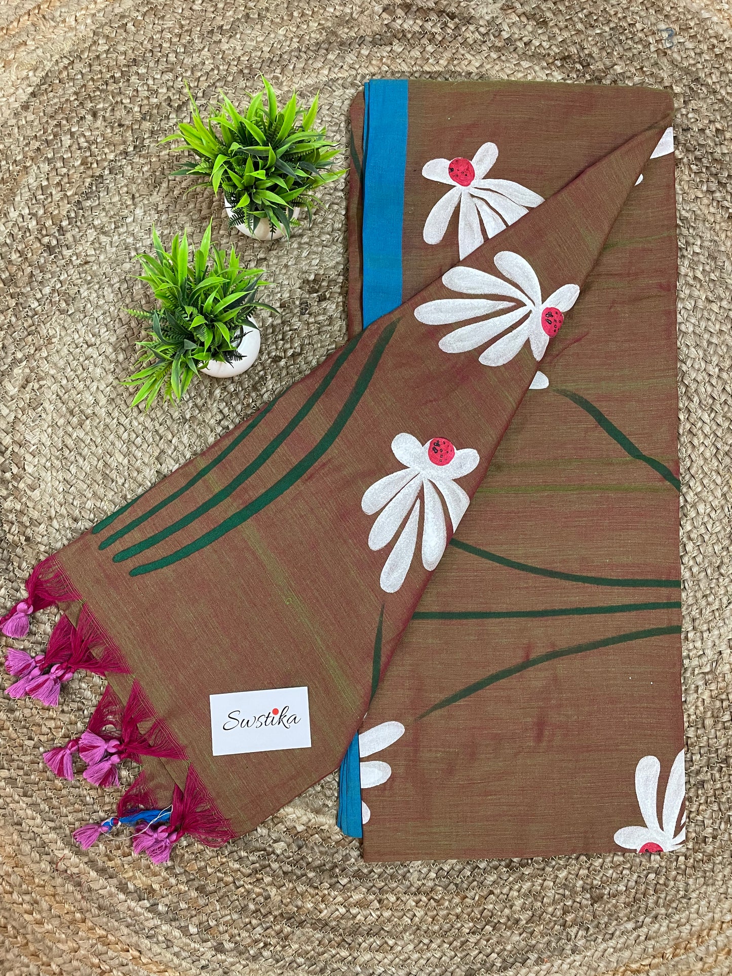 Hand Painted Mul-Cotton Saree (Brown)