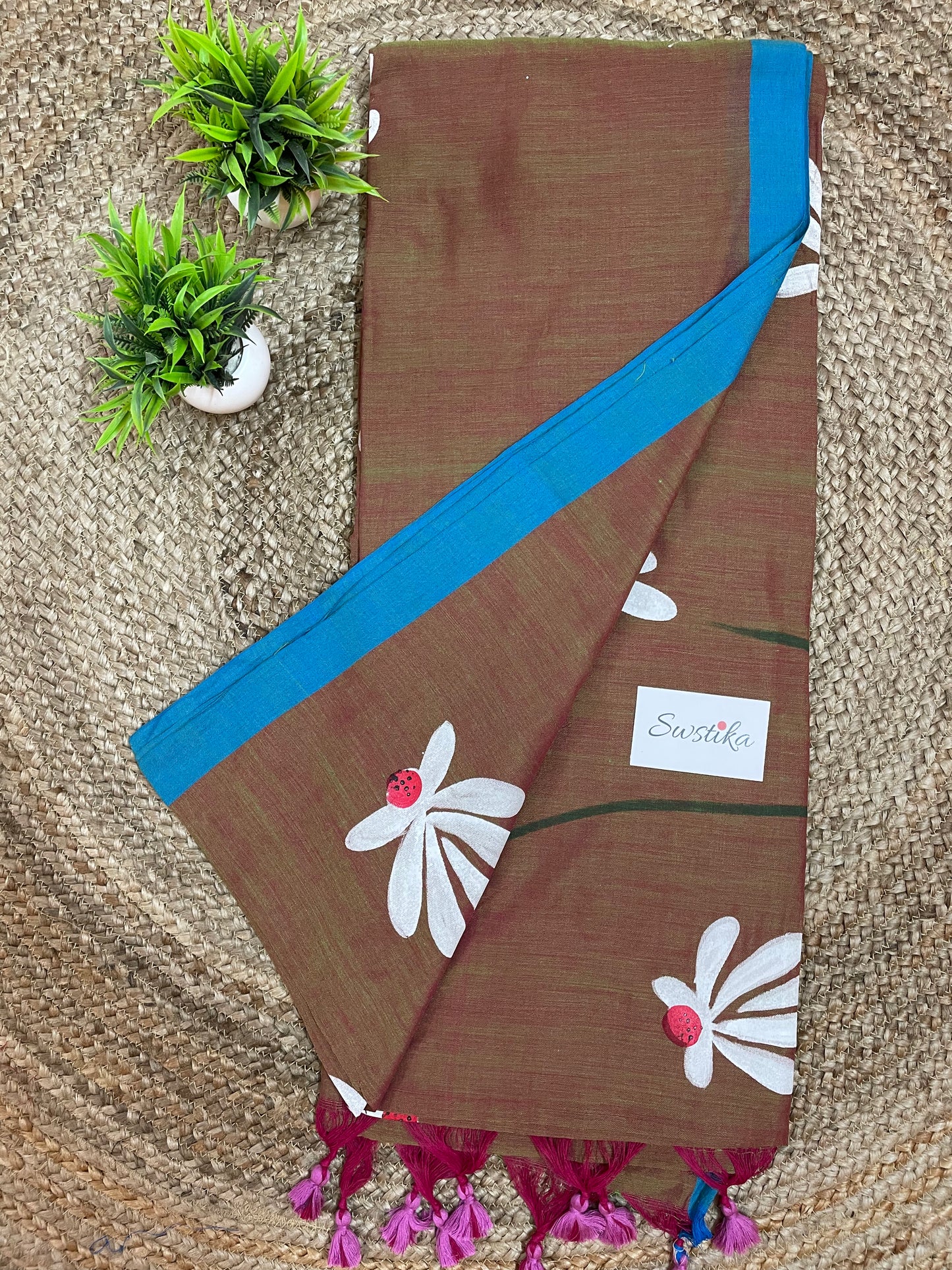 Hand Painted Mul-Cotton Saree (Brown)