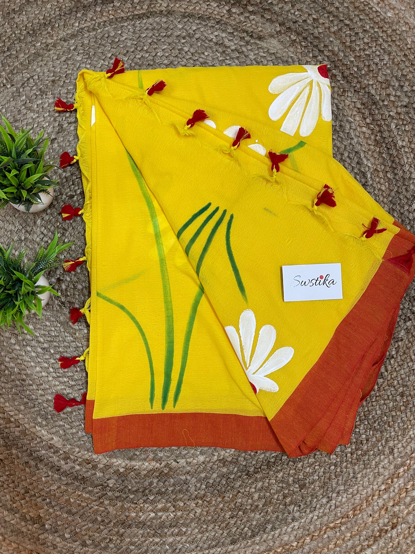 Hand Painted Mul-Cotton Saree (Yellow)