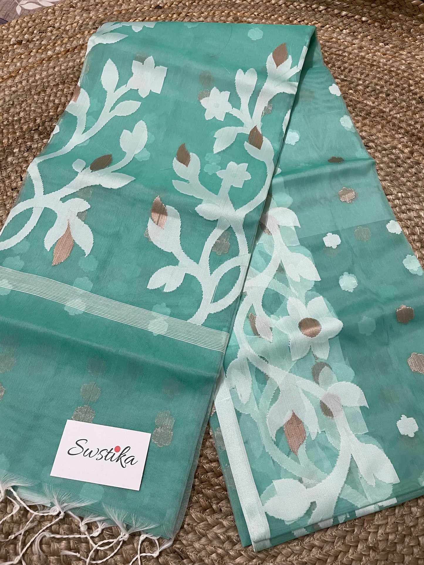 Sea Green Resham Silk Muslin Handloom Jamdani Saree with unstitched Blouse