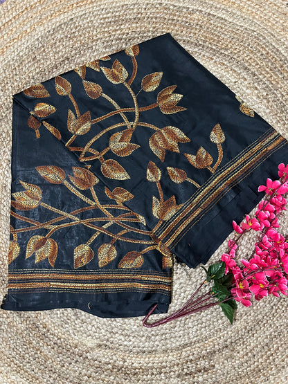 Kantha Stitch Floral Motif Saree (Black) on Blended Bangalore Silk