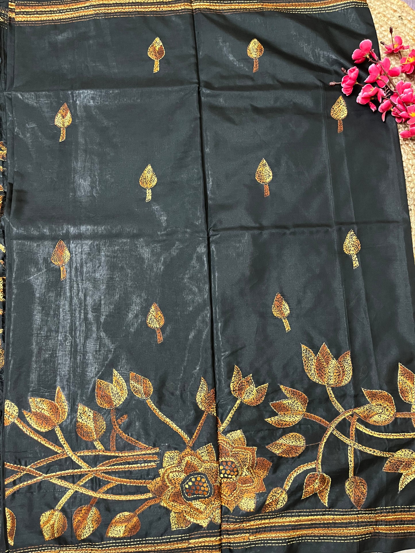 Kantha Stitch Floral Motif Saree (Black) on Blended Bangalore Silk