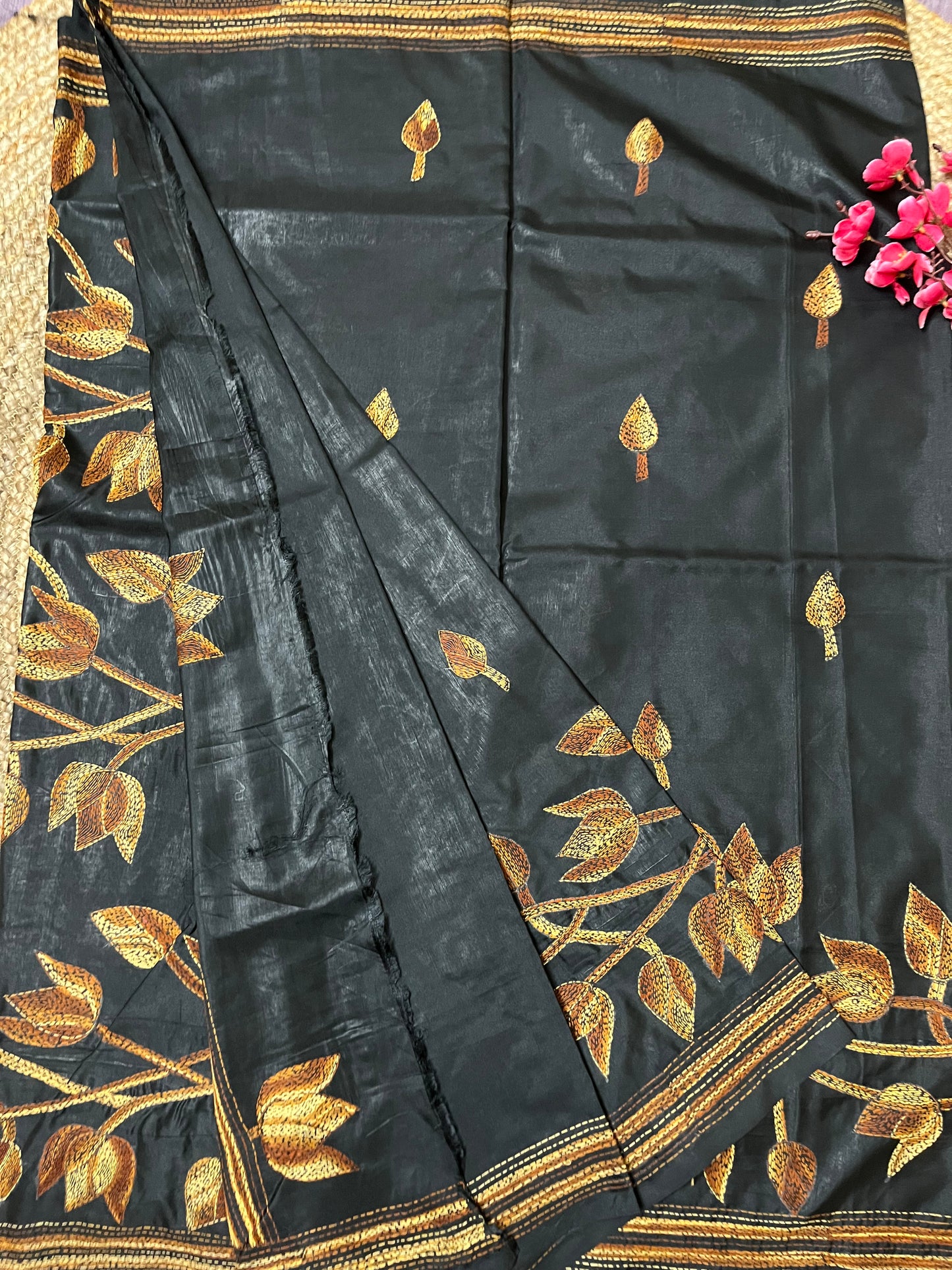 Kantha Stitch Floral Motif Saree (Black) on Blended Bangalore Silk