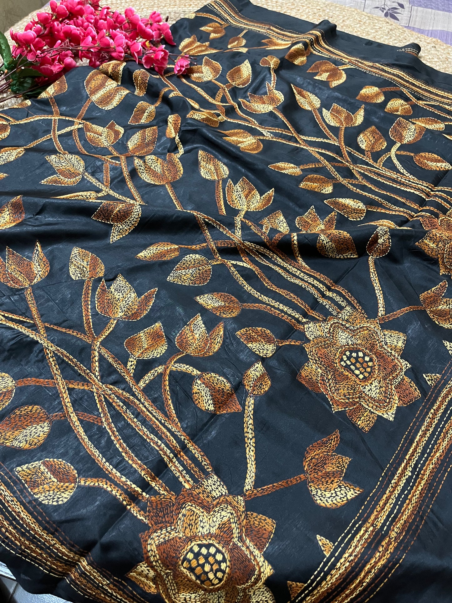 Kantha Stitch Floral Motif Saree (Black) on Blended Bangalore Silk