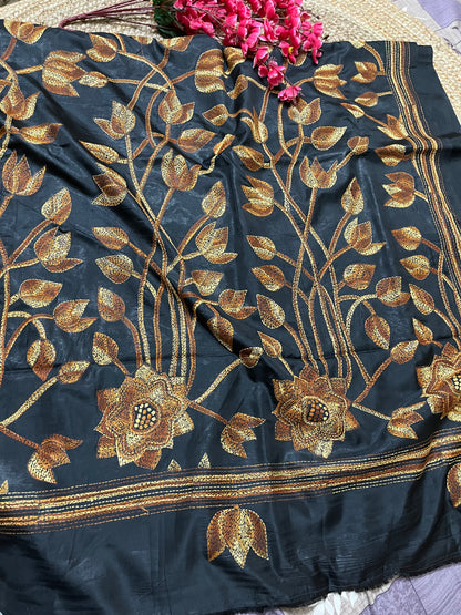 Kantha Stitch Floral Motif Saree (Black) on Blended Bangalore Silk