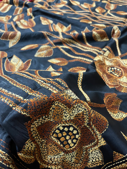 Kantha Stitch Floral Motif Saree (Black) on Blended Bangalore Silk