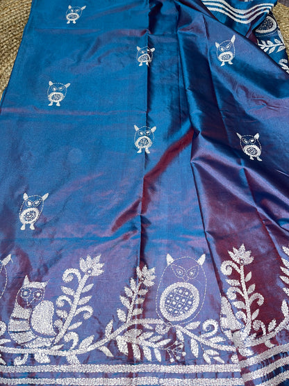 Kantha Stitch Owl Motif Dual tone Saree (Blue) on Blended Bangalore Silk