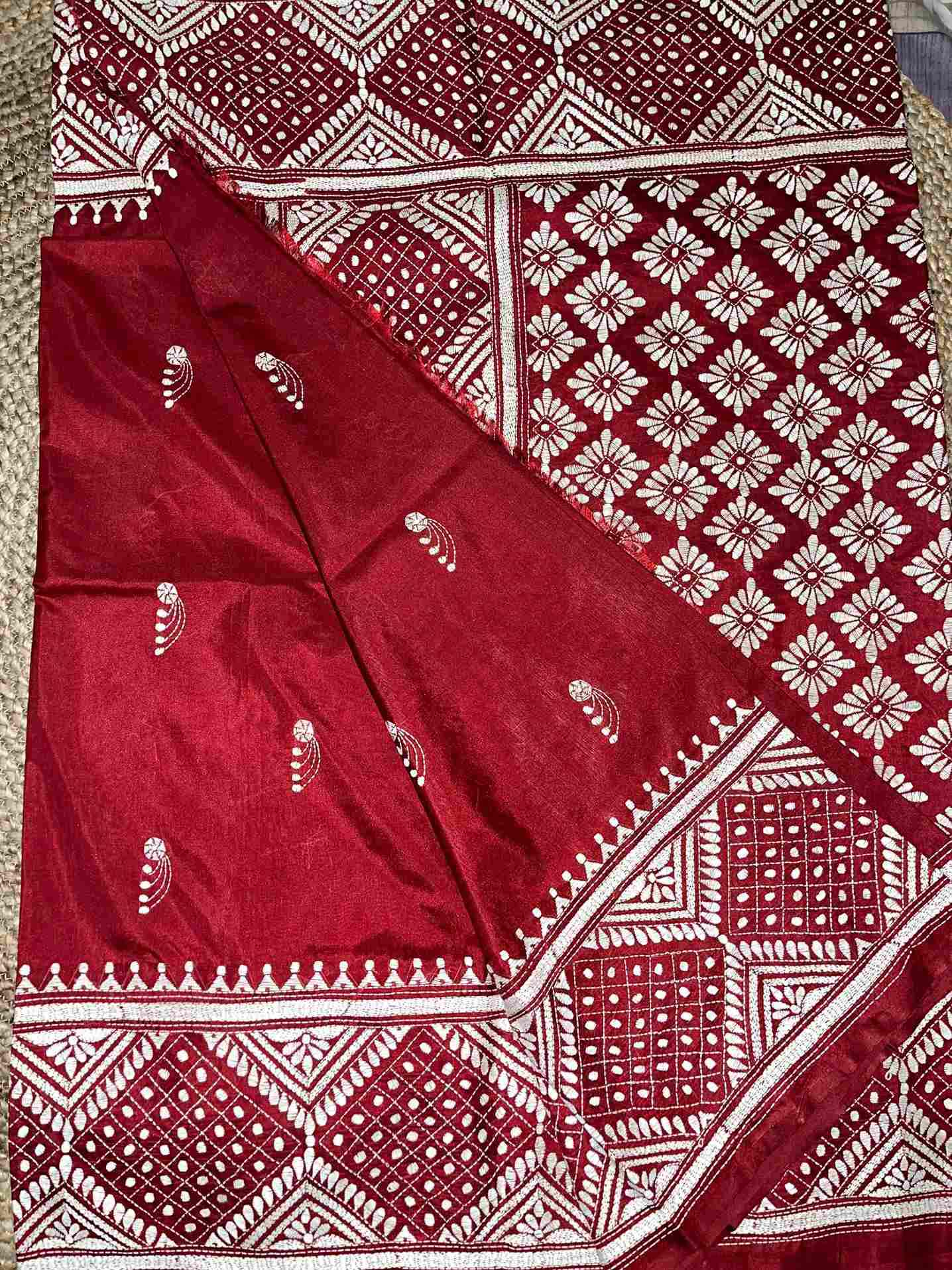 Kantha & Gujarati Stitch Fusion work saree (Maroon red) on Blended Bangalore Silk