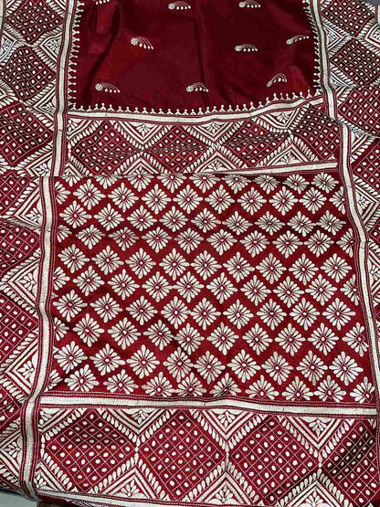 Kantha & Gujarati Stitch Fusion work saree (Maroon red) on Blended Bangalore Silk