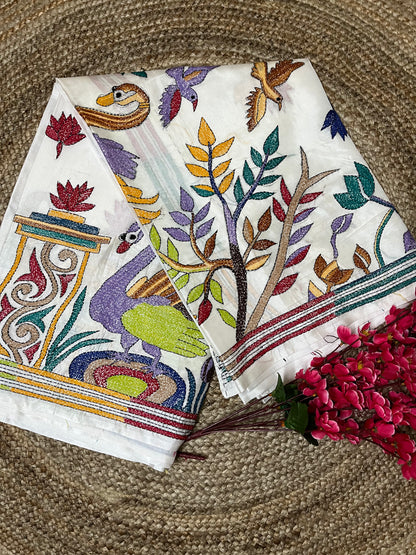 Kantha Stitch Human & Duck Motif saree (White) on Blended Bangalore Silk