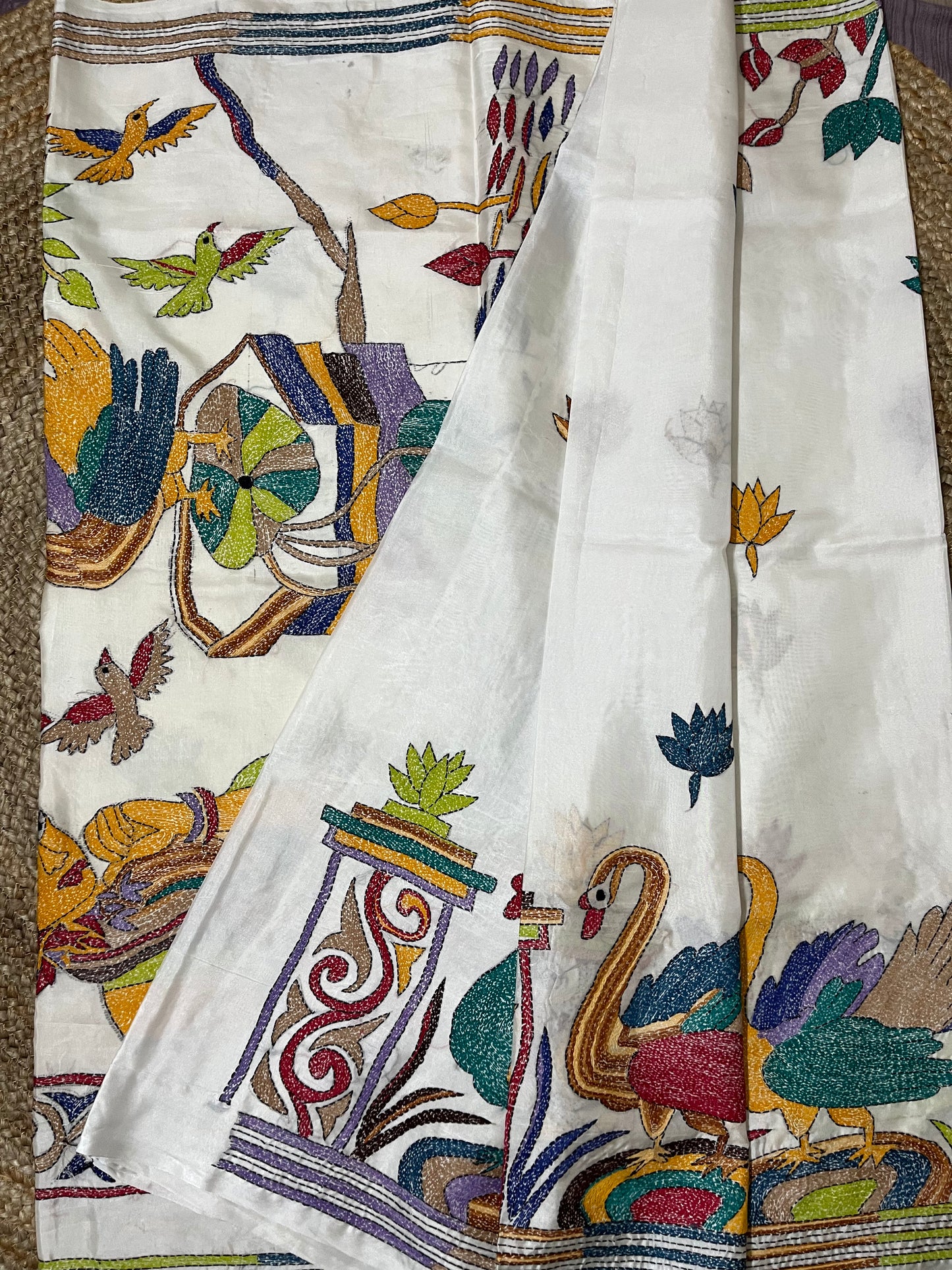 Kantha Stitch Human & Duck Motif saree (White) on Blended Bangalore Silk