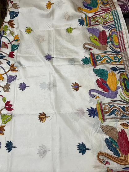 Kantha Stitch Human & Duck Motif saree (White) on Blended Bangalore Silk