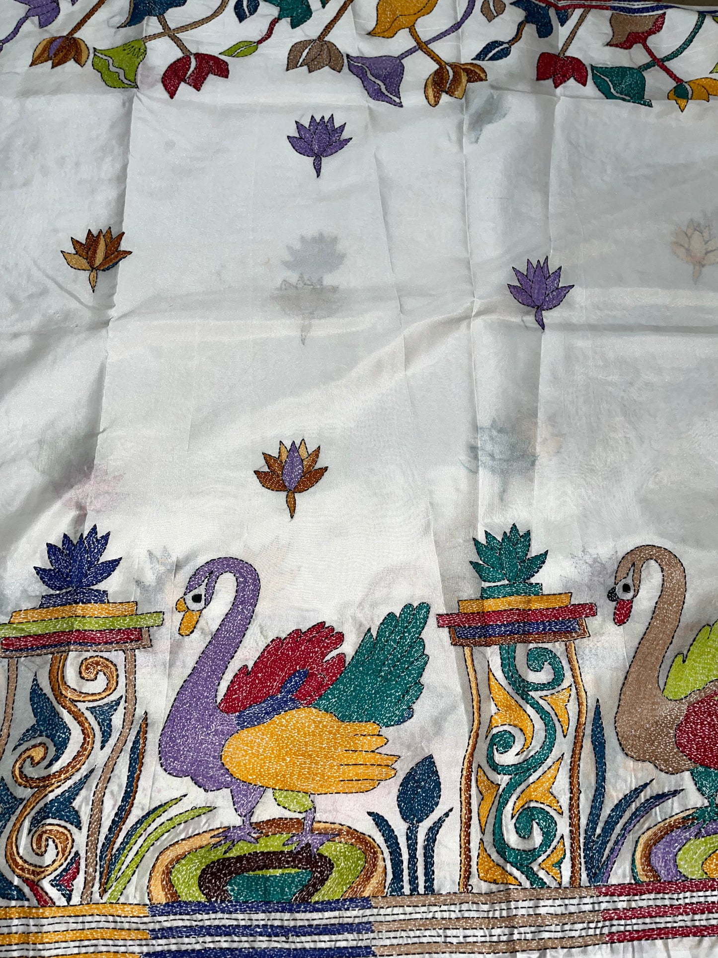 Kantha Stitch Human & Duck Motif saree (White) on Blended Bangalore Silk