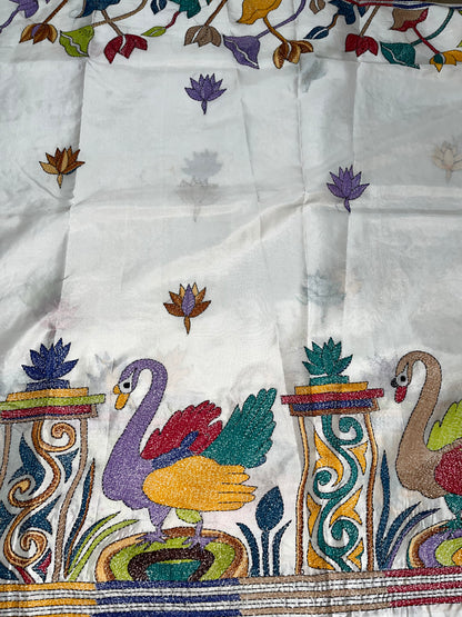 Kantha Stitch Human & Duck Motif saree (White) on Blended Bangalore Silk