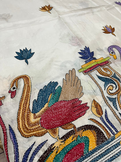 Kantha Stitch Human & Duck Motif saree (White) on Blended Bangalore Silk