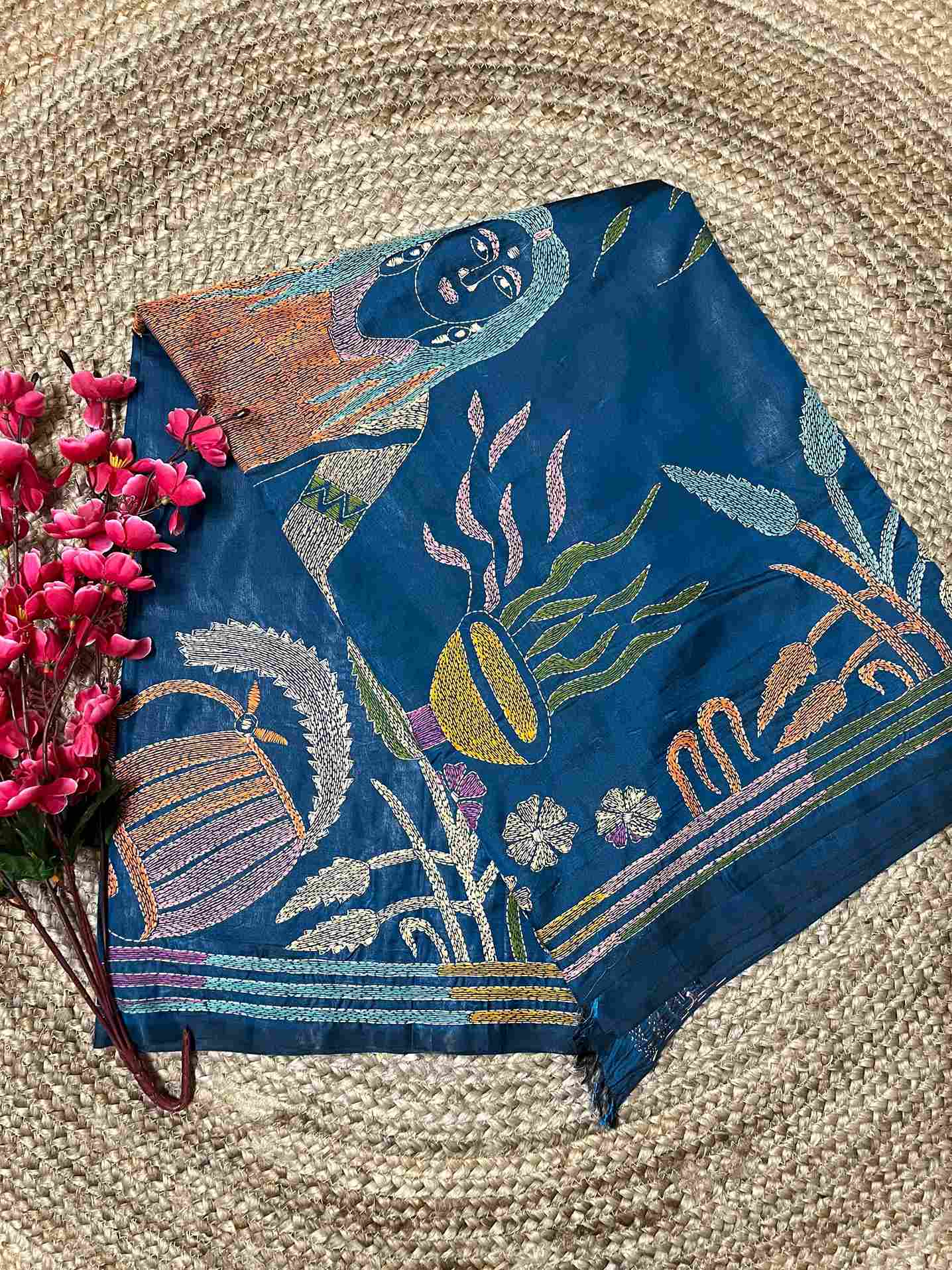 Kantha Stitch Human Motif Saree (Peacock Blue) on Blended Bangalore Silk