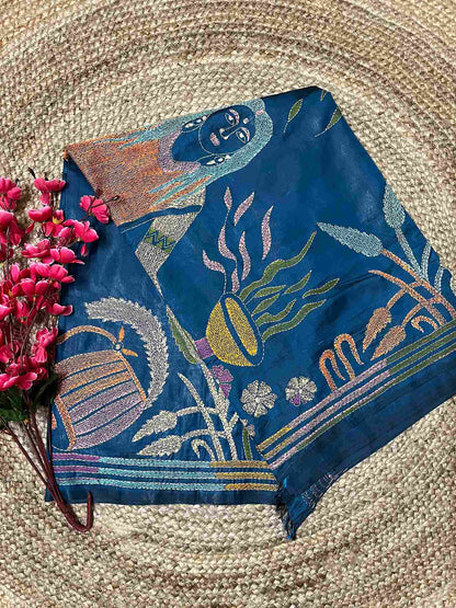 Kantha Stitch Human Motif Saree (Peacock Blue) on Blended Bangalore Silk