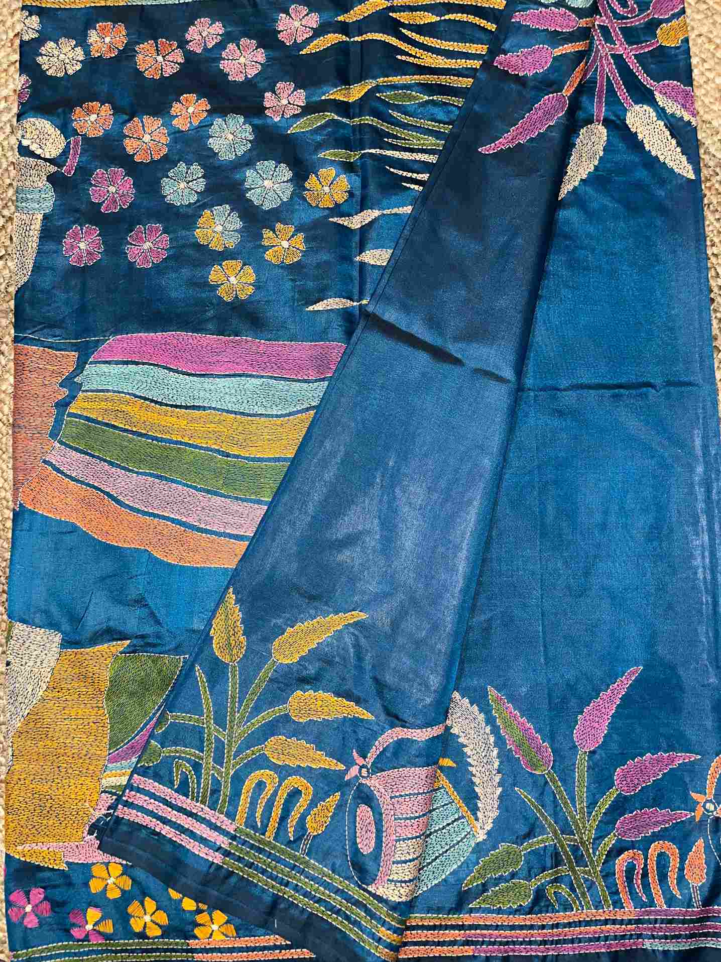 Kantha Stitch Human Motif Saree (Peacock Blue) on Blended Bangalore Silk