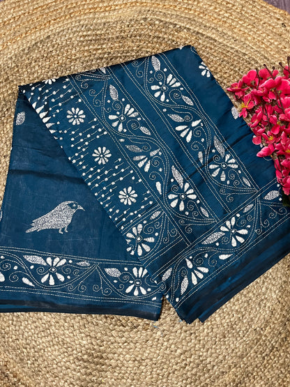 Kantha Stitch Bird Motif saree (Peacock Blue) on Blended Bangalore Silk