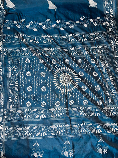 Kantha Stitch Bird Motif saree (Peacock Blue) on Blended Bangalore Silk