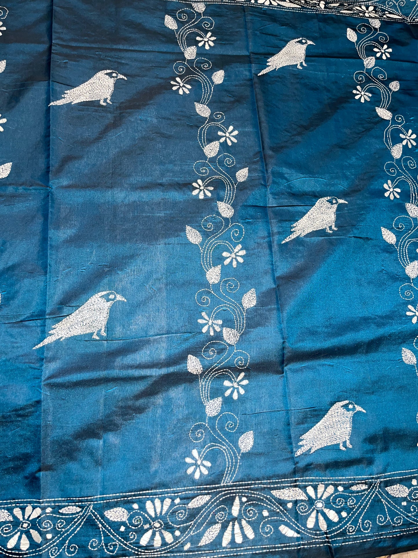 Kantha Stitch Bird Motif saree (Peacock Blue) on Blended Bangalore Silk