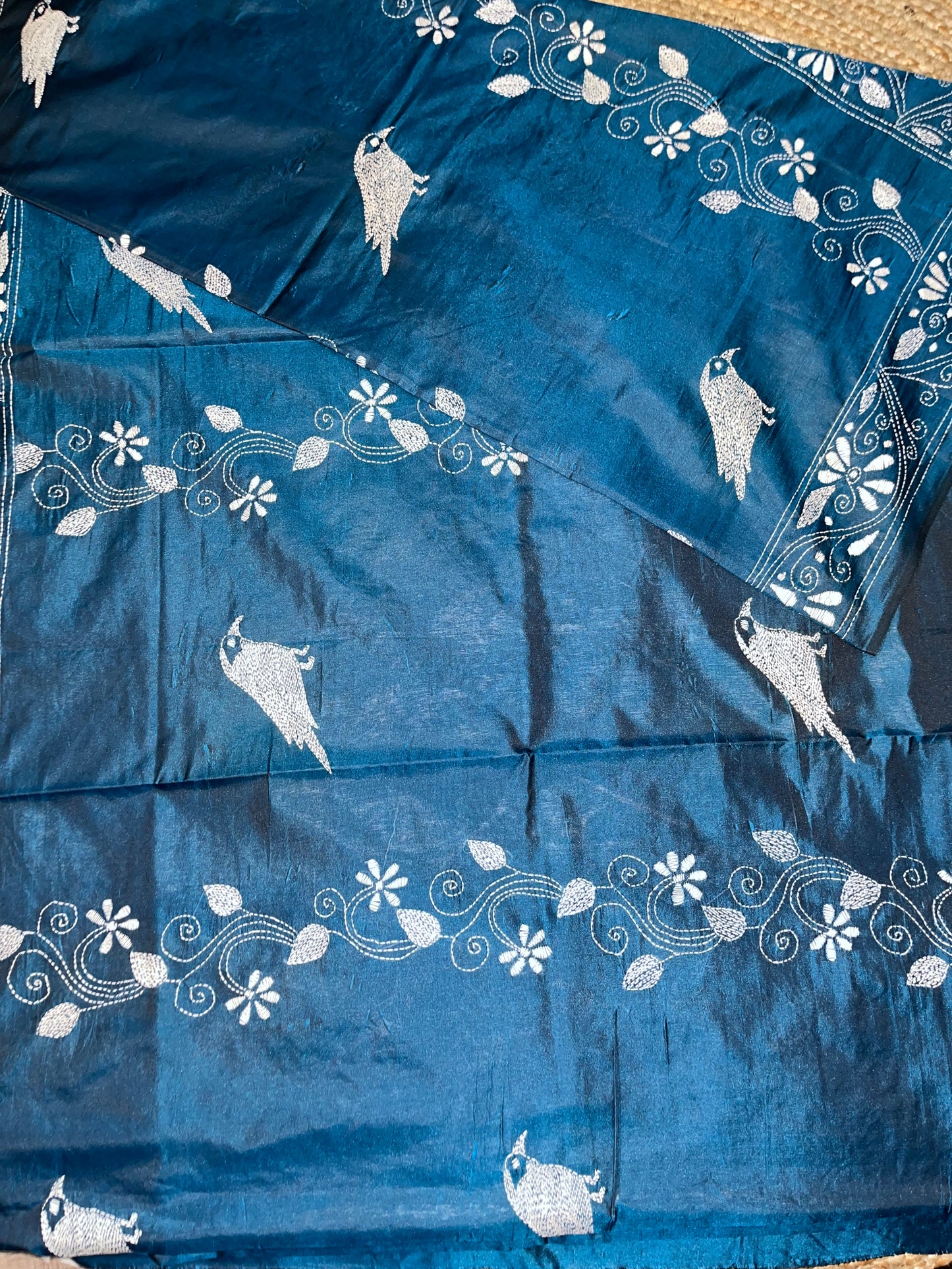 Kantha Stitch Bird Motif saree (Peacock Blue) on Blended Bangalore Silk