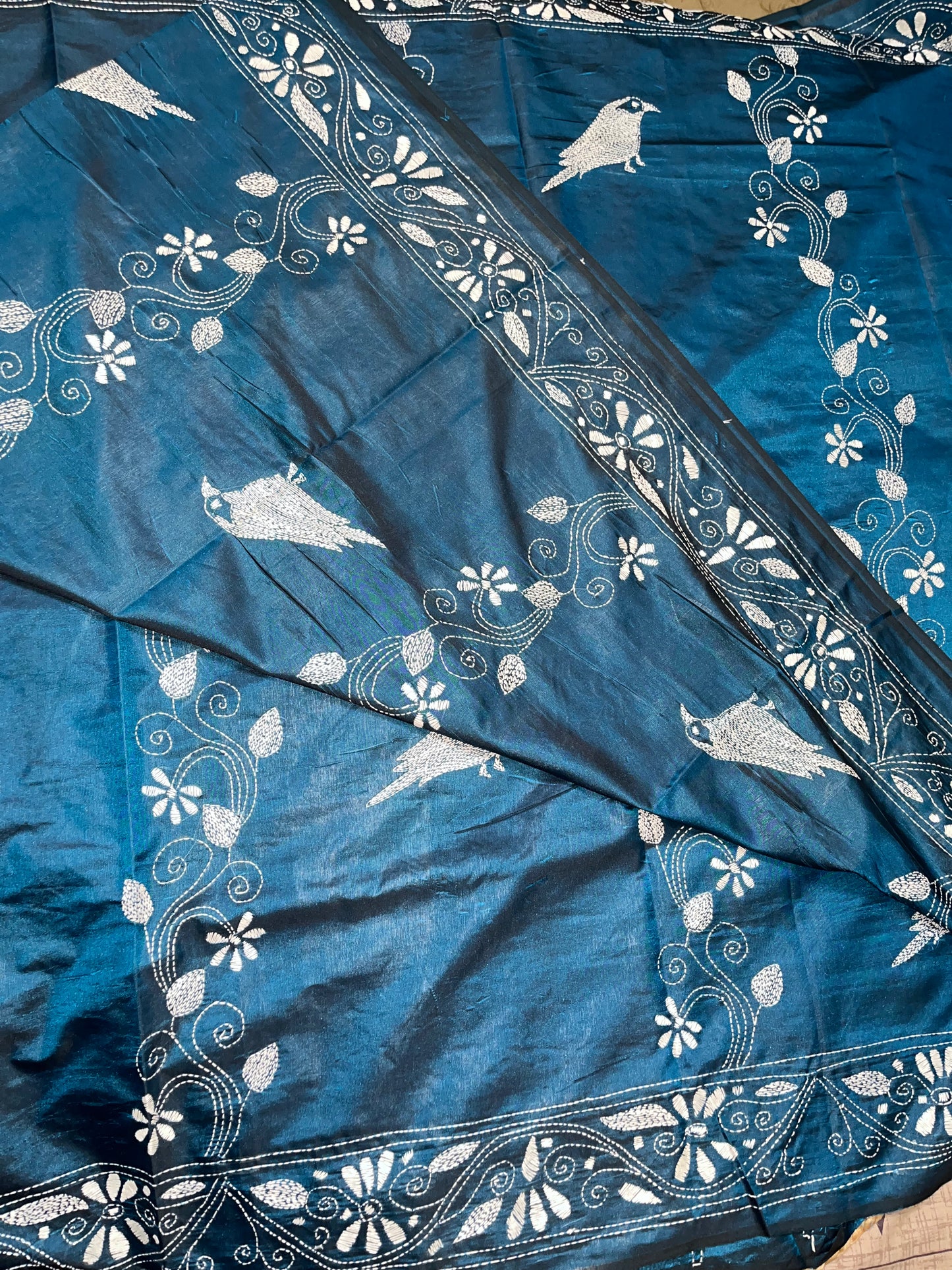 Kantha Stitch Bird Motif saree (Peacock Blue) on Blended Bangalore Silk