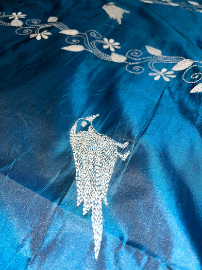 Kantha Stitch Bird Motif saree (Peacock Blue) on Blended Bangalore Silk