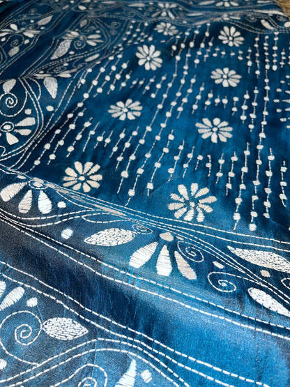 Kantha Stitch Bird Motif saree (Peacock Blue) on Blended Bangalore Silk