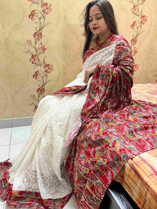 Pure Georgette Chikankari work Patola saree