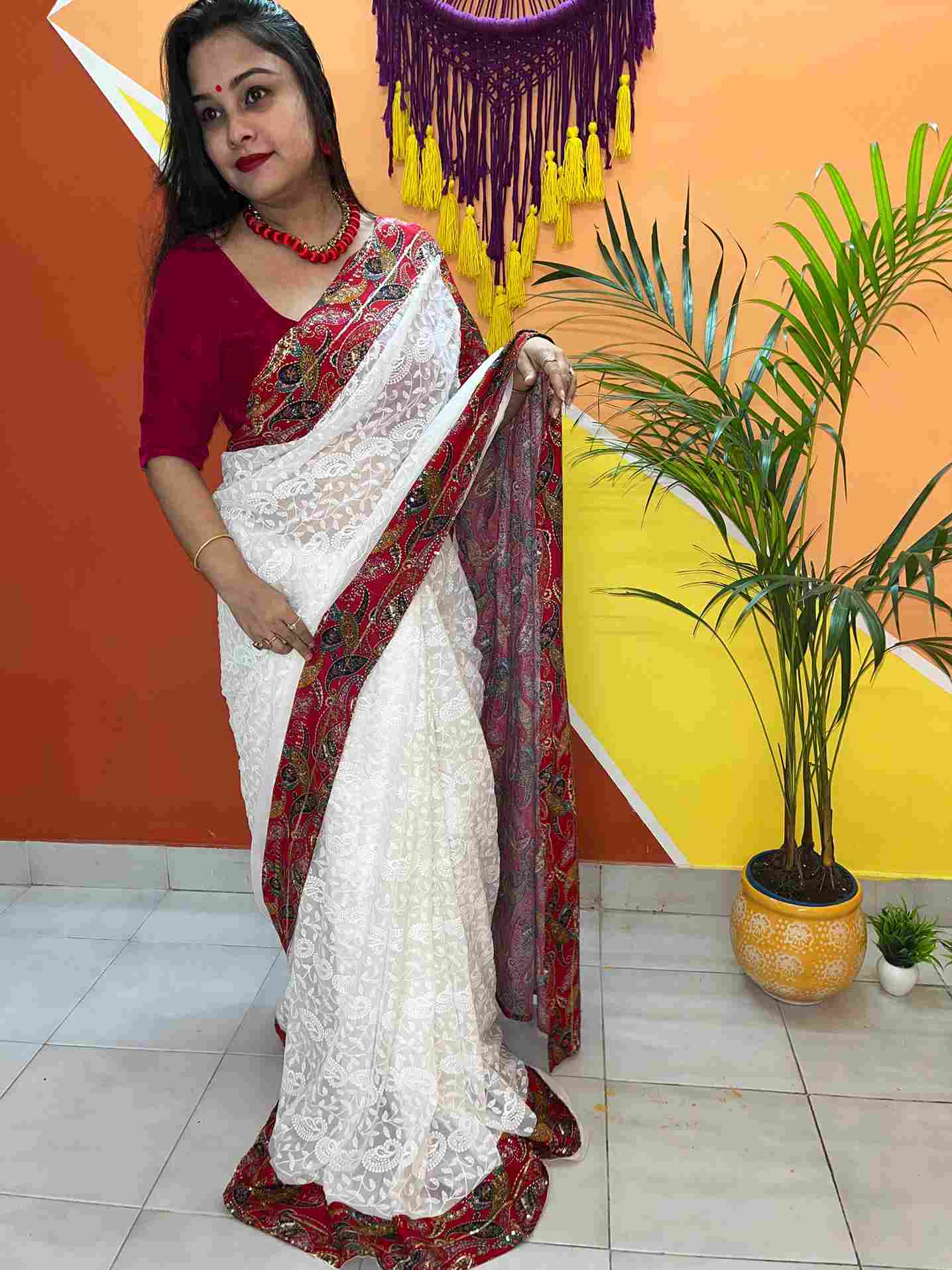 Pure Georgette Chikankari work Patola saree