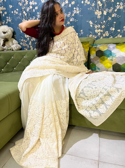 Chikankari work on Georgette saree (Off White)