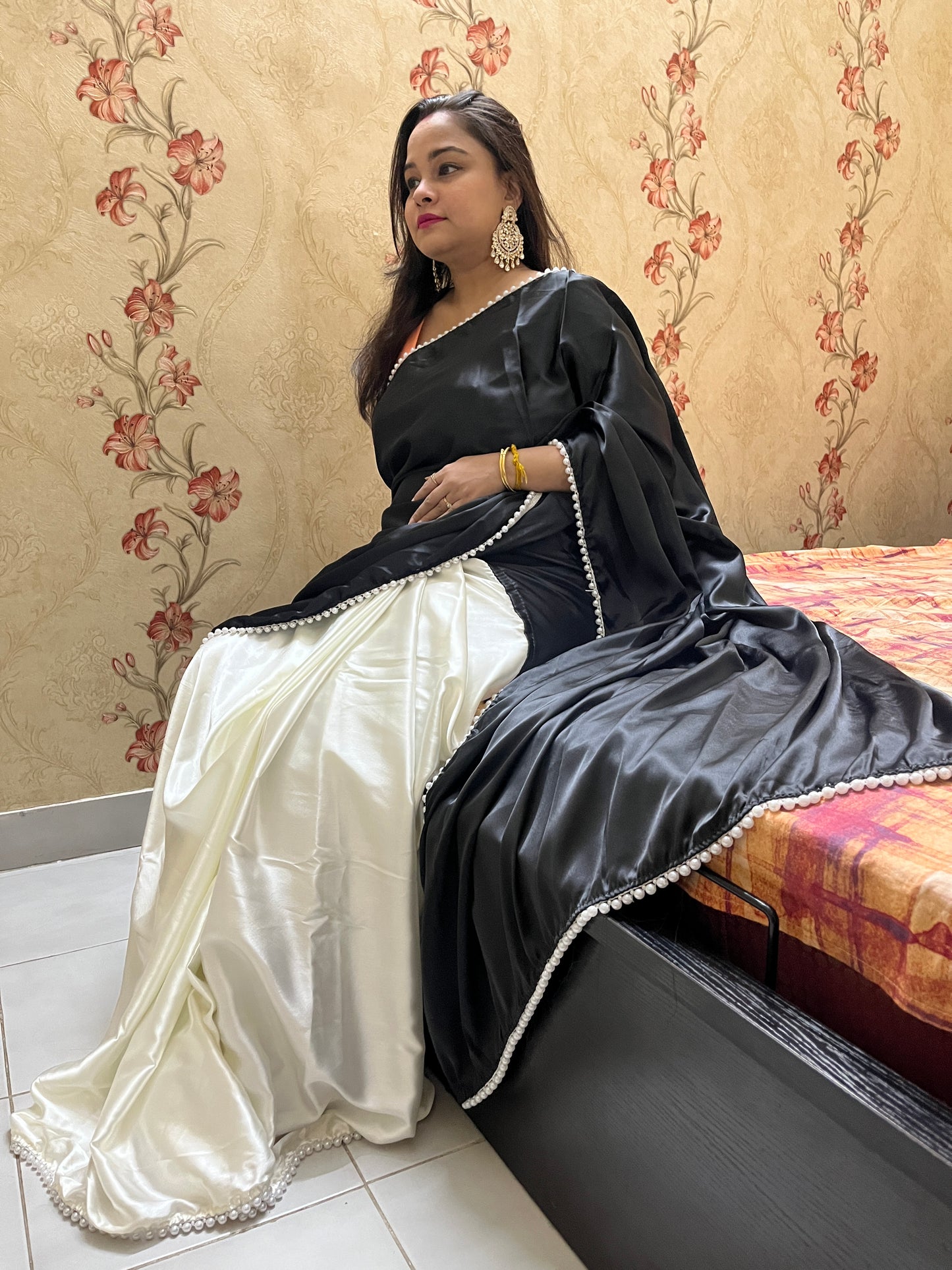 Pearl Satin Silk Saree (Black)