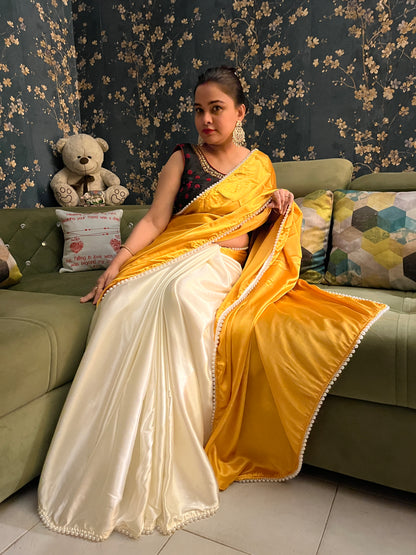 Pearl Satin Silk Saree (Golden yellow)