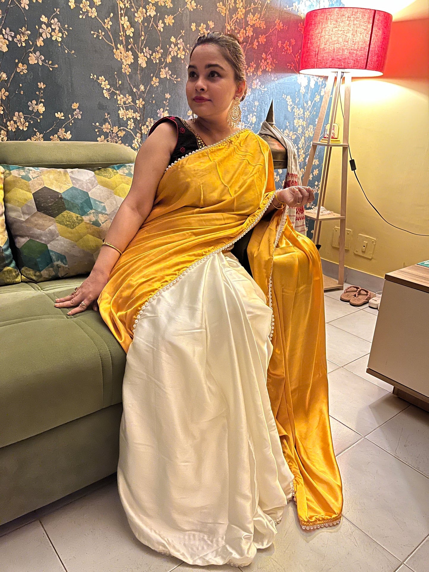 Pearl Satin Silk Saree (Golden yellow)