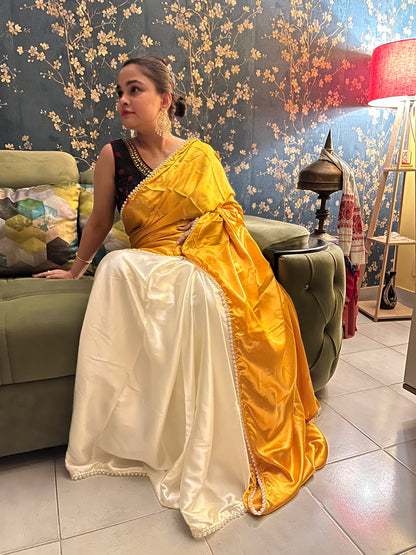 Pearl Satin Silk Saree (Golden yellow)