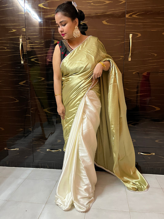 Pearl Satin Silk Saree (Sage Green)