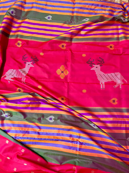 Semi Katan Kalakshetra Silk Saree Deer Design (Bottle Green)