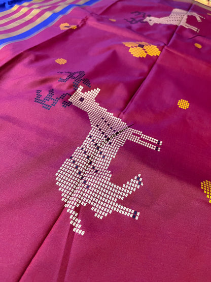 Semi Katan Kalakshetra Silk Saree Deer Design (Royal Blue)